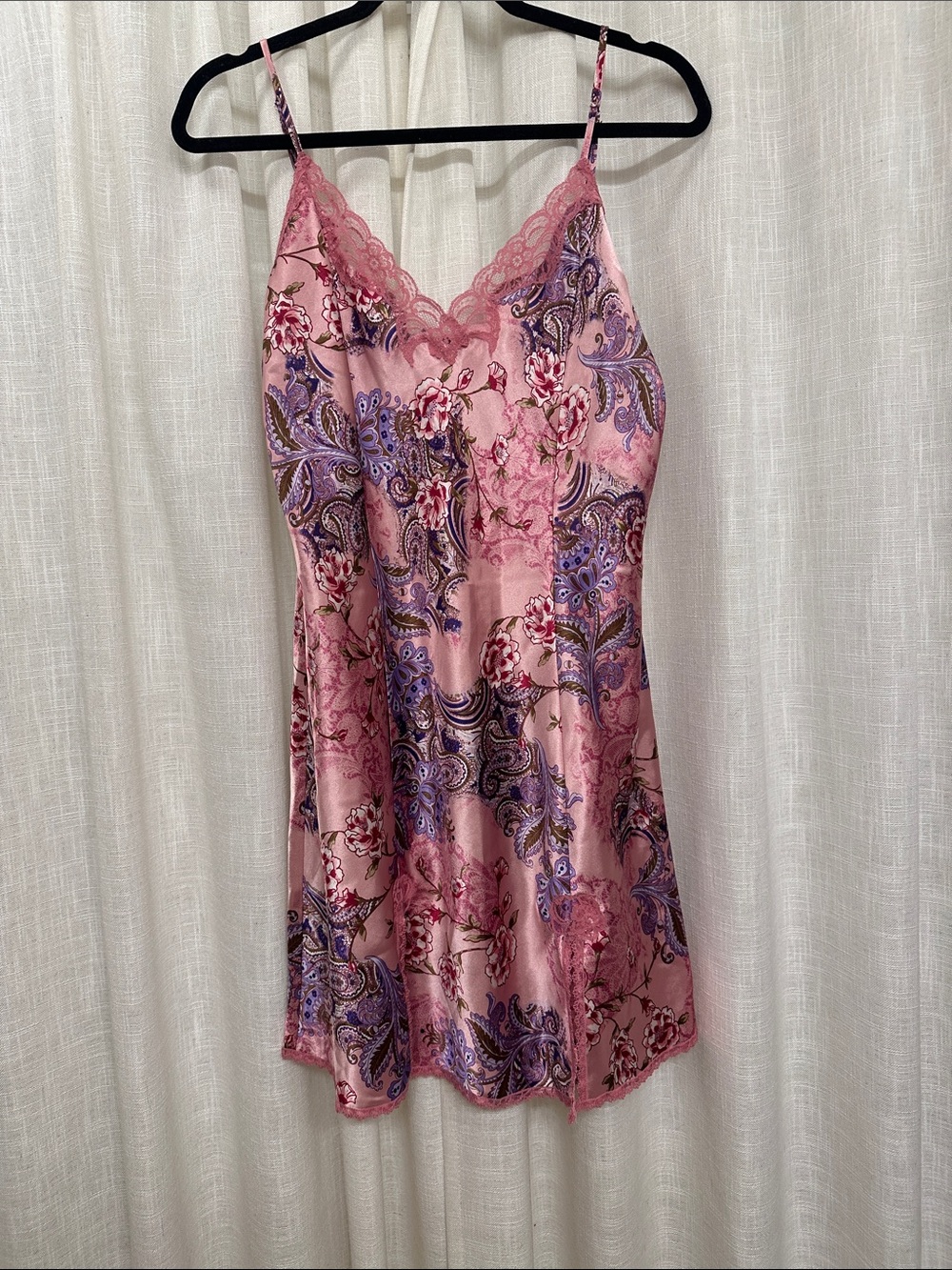 VINTAGE Pink Floral Lace-Trim Slip Dress